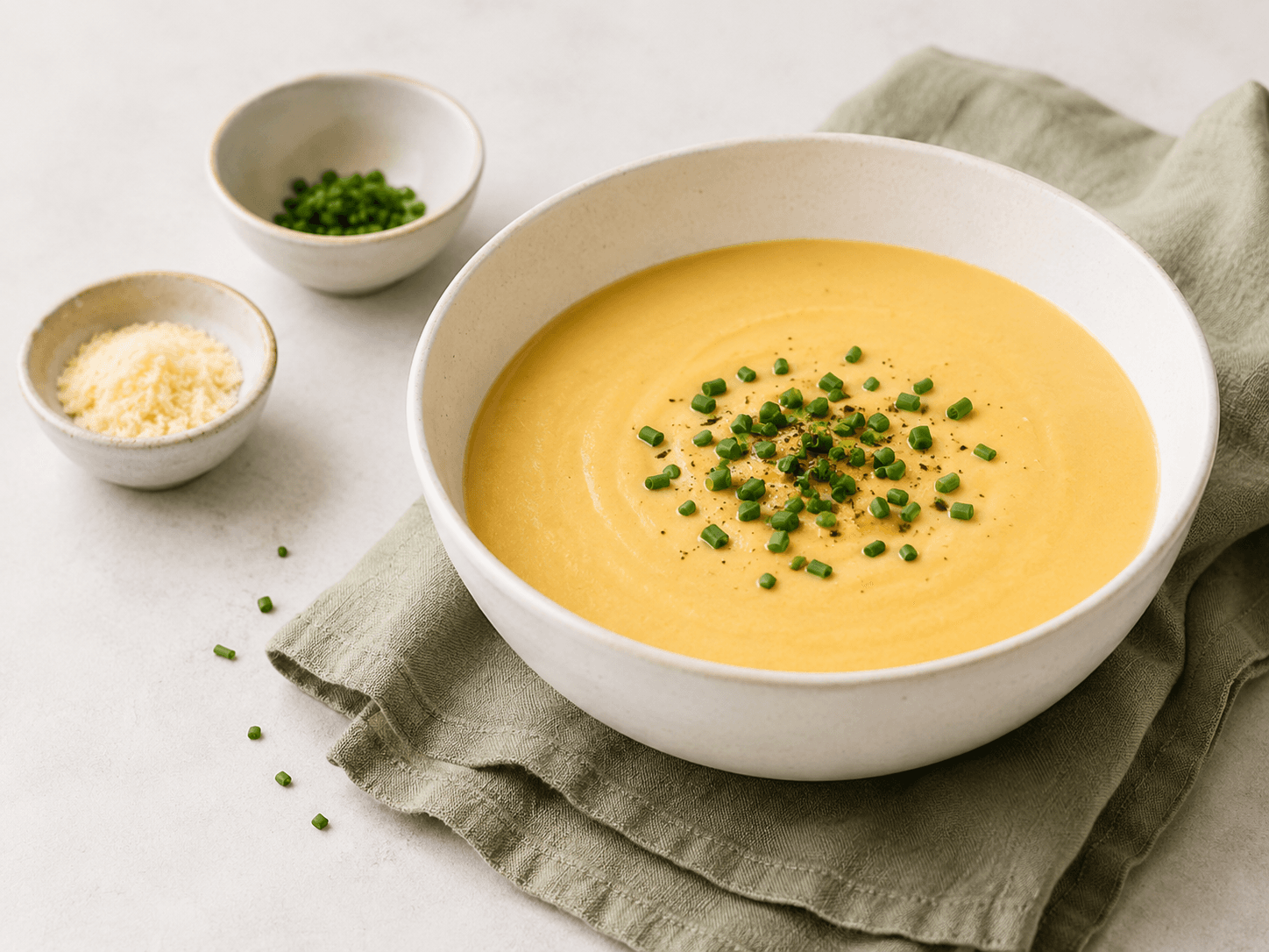 A bowl of creamy soup topped with chives, beside small bowls of chives and grated cheese