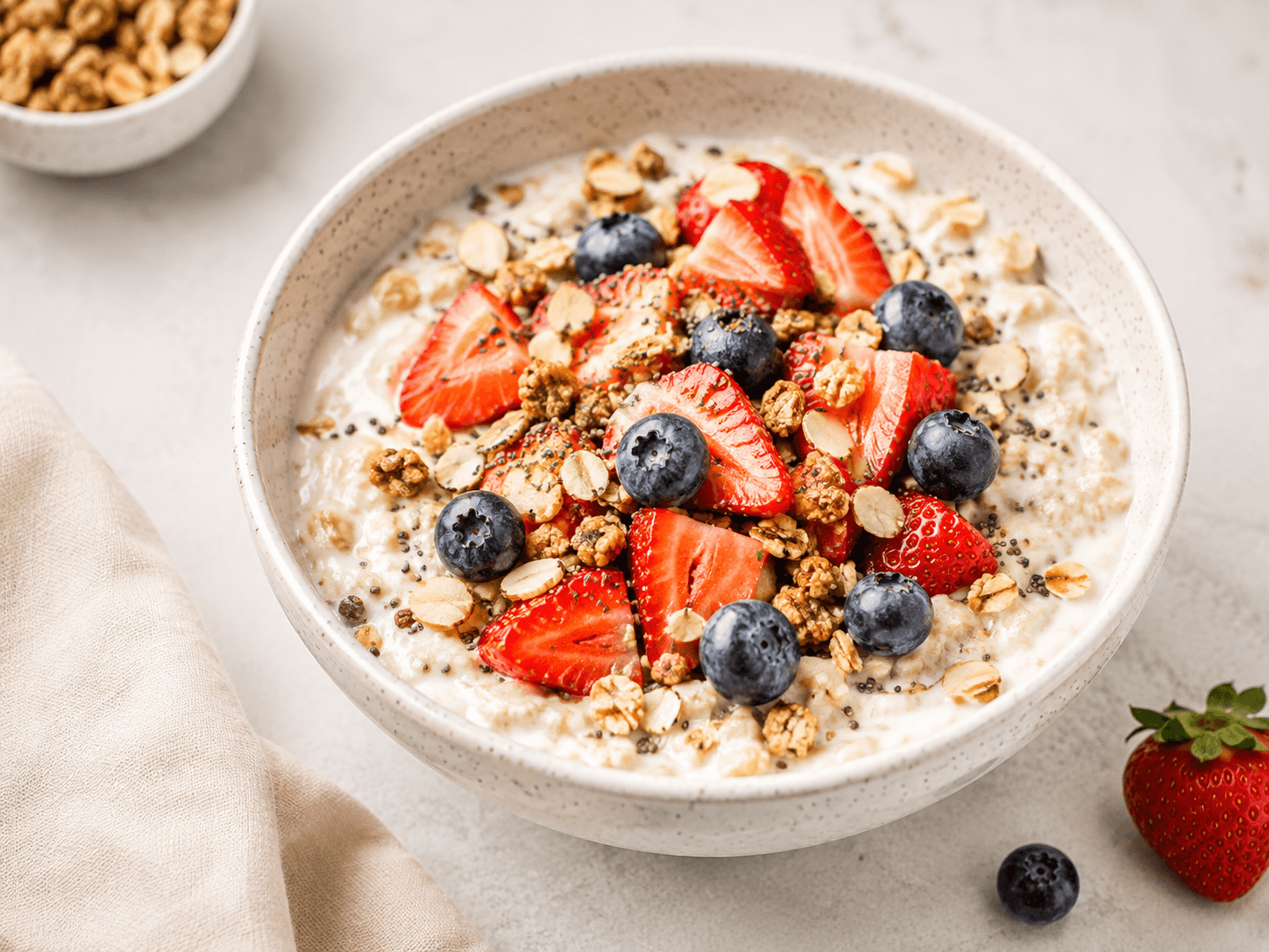 Creamy oat bowl topped with strawberries and blueberries