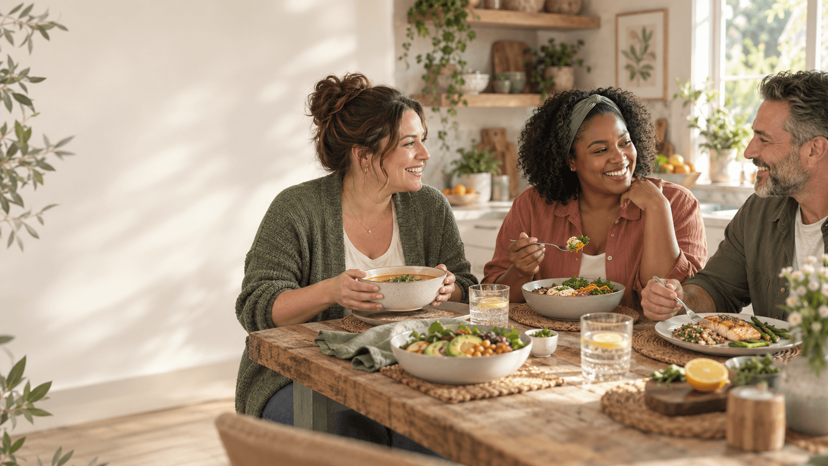 Three readers sharing bariatric-friendly bowls at a sunlit kitchen table